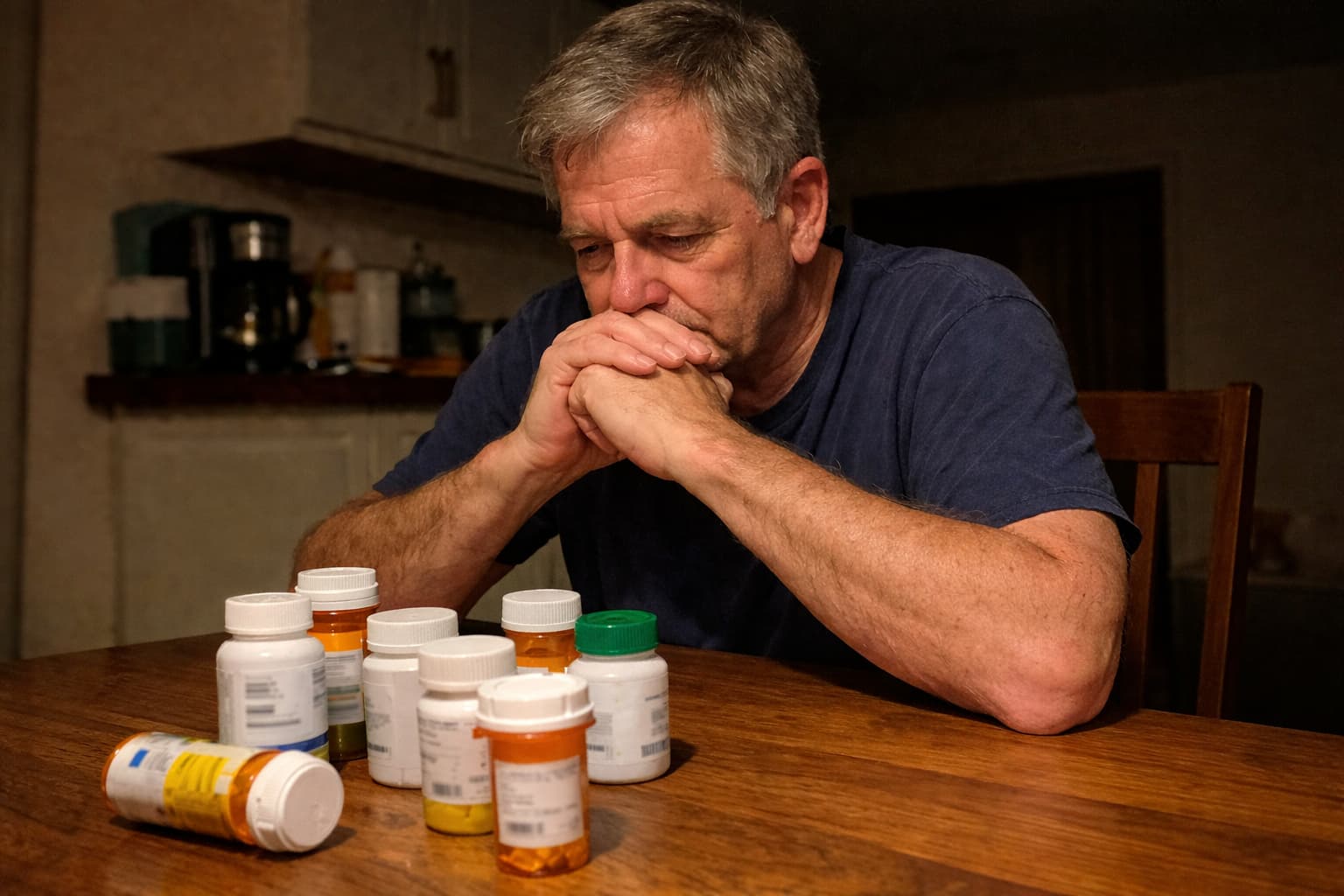 Man sitting on bed with medication on nightstand